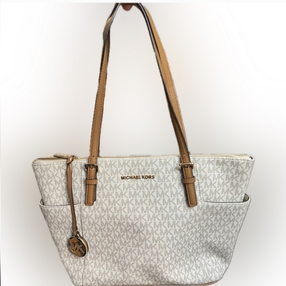 Michael Kors Jet Set Logo Top-Zip Tote Bag Cream & Brown EUC - Picture 1 of 10